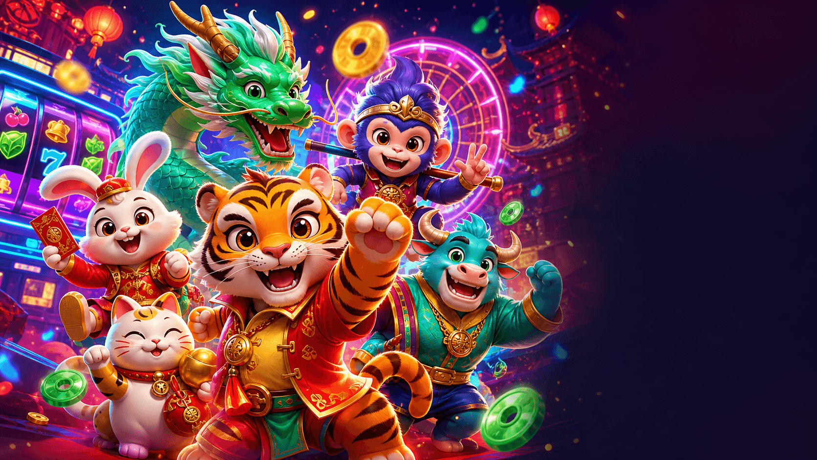 Animais coloridos de slot em estilo chines com tigre, dragao, coelho, macaco, boi e gato da sorte